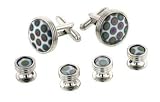 Silver plated white peacock art glass cufflinks and shirt stud formal set with presentation box. Made in the U.S.A