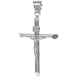 Sterling Silver Crucifix Pendant ( Jesus Christ on Tubular Cross ), 1 5/8 in. (41mm) tall, w/ 18 in. Thin Box Chain