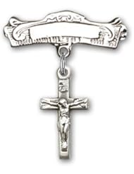 Sterling Silver Baby Badge with Crucifix Charm and Arched Polished Badge Pin