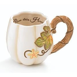 Beautiful Fall/Autumn Pumpkin Shape Coffee Mug/Cup Accented With Fall Leaf Design Wonderful Thanksgiving Decor