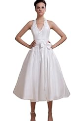 Tea Length  Beaded Halter Taffeta Evening Dress  With a Bow(s)