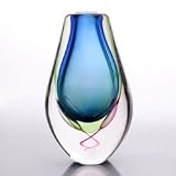 Hand Blown Aqua Blue Multicolor Sommerso Teardrop Glass Art Vase