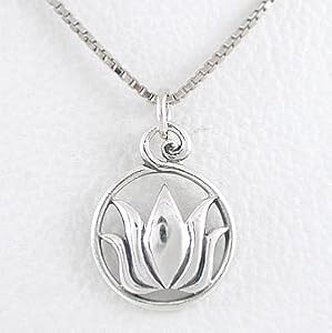 Round Cut Out Lotus Flower Pendant in Sterling Silver on 16" Rhodium and Sterling Box Chain, #8454