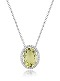 14K White Gold Matte-Finish Semi-Precious Stone Pendant, Centered with a Lemon Quartz Color Stone, Surrounded by Pave Set Diamonds, Sliding on a 16 Cable-Chain Necklace.