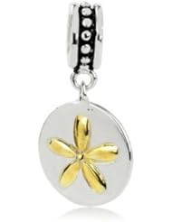 Sterling Silver Sand Dollar Dangle Charm Bead with 18k Gold Accent, Fits Jovana and All Brands Charm Bracelets and Necklace.
