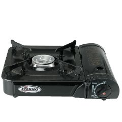 STERNO: Sterno® Brand Portable Butane Stove. Provides 9925 BTU per hour heat for light- to medium-duty cooking. Piezoelectric ignition produces instant flame with a twist of the knobno matches or lighters needed. Knob adjusts flame height. Easy-to-clean
