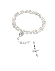 Rosary Beads of Rice White Pearls Silver Medal - Ancient Design Cross