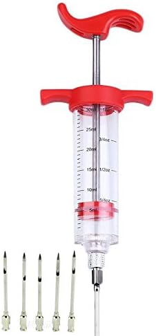 Meat Injector Kit - Industrial Strength 1 oz Plastic Injector with Stainless Steel Injector Tip - 5 Replacement Tips Included