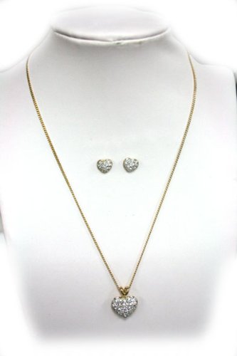 Clear Cubic Zirconia Heart Necklace with Ear Studs on a Delicate Gold Chain - Earring and Necklace Set