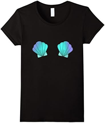 Women's Mermaid Fairy tale Aqua Blue Seashell Bra Costume T-Shirt Large Black