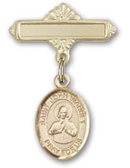14K Gold Baby Badge with St. John Vianney Charm and Polished Badge Pin