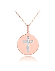 14k Rose Gold Cross Diamond Disc Pendant Necklace