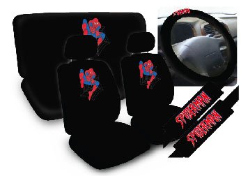  11pc Spider MAN Spiderman Marvel Comics Superhero Low Back Seat Covers with Head Rest Covers, Bench Cover and Steering Wheel Cover with Shoulder Pads Licensed and Rare Product