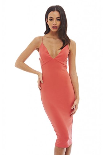 AX Paris Women's Deep V Front Midi Dress(Coral, Size:6)