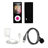 Premium Black Soft Silicone Gel Skin Cover Case + Wall Travel/Home Charger + USB Data Charge Sync Cable for Apple iPod Nano 5G, 5th Generation