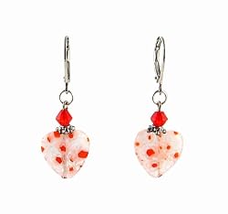 Earrings - E320 - Millefiore Heart and Swarovski (tm) Crystal Beads ~ Red and White Flowers