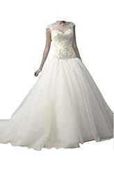  Natural   Waistline Scoop Neck Organza Cap Sleeves  Ball Gown Wedding Dress 