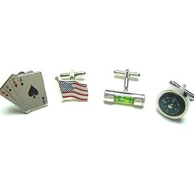 Groomsmen Cufflink Gift Set : 4 Pairs (Level, Compass, Aces and American Flag) Cufflinks W Gift Box
