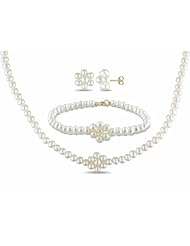 10K yellow gold 3-3.5 MM Freshwater Cultured Pearl Bracelet Neckalce and Earring Set