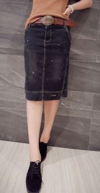 (ALLURE) デニム タイト スカート ミモレ丈 スリット ブルー ブラック AF0510