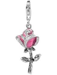 Christmas and Valentines Gift . Sterling Silver Pink Rose Traditional Charm with Lobster Clasp Pink Enamel , Width 1/2 Inch, Length 1 1/2 Inch, Weight 4.0 G