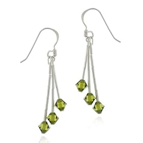 Silver Olive Green Genuine Swarovski Crystal Drop Earrings