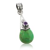Genuine Green Turquoise Teardrop and Amethyst Sterling Silver Pendant