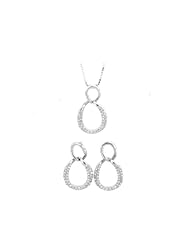 Sterling Silver CZ Oval Hoop Earrings and Pendant Set