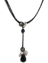 Creations Georgianni Sterling Silver Plated Y Necklace with Drop Bar Pendant with Black Teardrop and Clear Swarovski Crystals