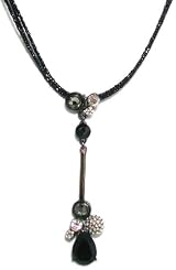 Creations Georgianni Sterling Silver Plated Y Necklace with Drop Bar Pendant with Black Teardrop and Clear Swarovski Crystals