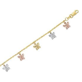 Tri-Color Dangling Butterfly Anklet 10 Inches in 14K Gold