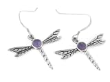Purple Genuine Amethyst Sterling Silver Dragonfly Hook Earrings