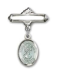 Sterling Silver Baby Badge with Blue St. Christopher Charm and Polished Badge Pin