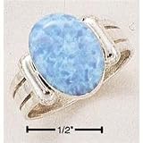 Stones Sr-1354 : Sterling Silver Synthetic Oval Blue Opal Stone On Fancy Striated Shank Ring Ring Size 10
