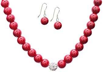 Formal Red Color Faux Pearl Necklace & Red Faux Pearl Stud Earrings - Jewelry SET