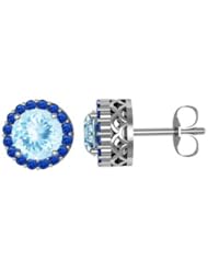 Round Aquamarine and Sapphire Border Earrings in 14k White Gold