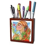 Laura J Holman Art Woman with Flowers - Flowers floral woman with flowers Spring garden smelling flower colorful pastel painting - Tile Pen Holders-5 inch tile pen holder