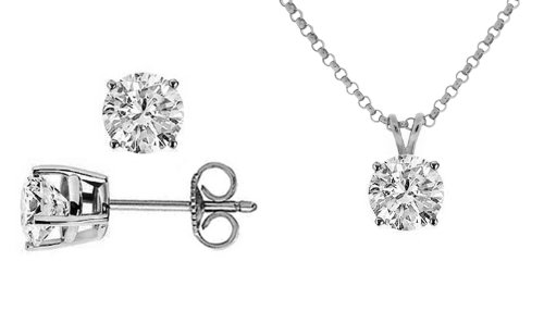 1.00 carat ct tw Round Diamond Solitaire Pendant and Stud Earrings Push Back / Friction Back Set in 14K White Gold (D Color I3 Clarity, 16 in or 18 in inches length, 0.33 carat each stone)