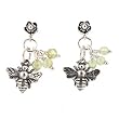 Honey Bee Dangle Earrings in Sterling Silver with Peridot Gemstone Beads on a Sterling Flower Post, #7705