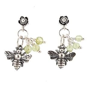 Honey Bee Dangle Earrings in Sterling Silver with Peridot Gemstone Beads on a Sterling Flower Post, #7705