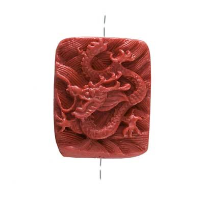 Red Cinnabar Rectangle Focal Pendant Bead Carved Dragon 25x20mm (1)
