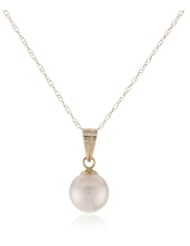 14k Yellow Gold White AA Grade 6.5-7mm Akoya Cultured Pearl Pendant Necklace, 18"