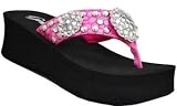 31C1iME 0zL. SL160  Grazie Trapani Fuchsia Sandals Ladies Flip Flops Black Wedge Sole Round Silvers Conchos Clear Crystals Silver Studs