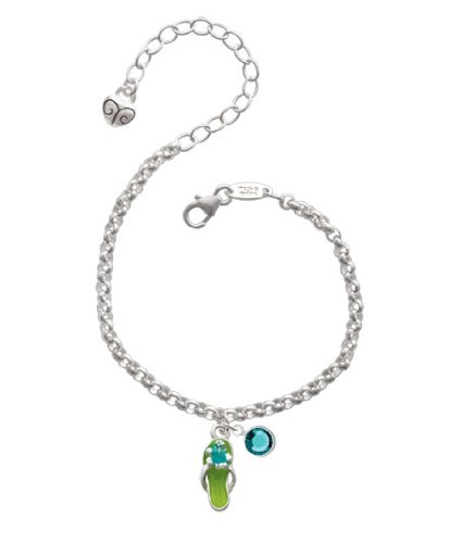 Lime Green Flip Flop with Blue Hibiscus Flower Silver Plated Brass Charm Bracelet with Blue Zircon Swarovski Drop
