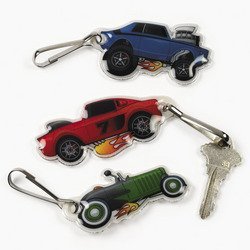 3 ~ Race Car Belt Clips / Zipper Pulls / Key Chains ~ Approx. 3.5" ~ Vinyl with Metal Clips ~ New ~ Party Favors, Prizes