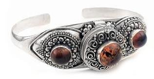 Gothic Costume Sterling Silver Poison Box Locket Cuff Bracelet with Genuine Amber