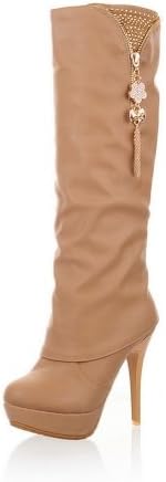 WeenFashion Women's Sexy Style Stiletto Metalornament High Boots with Rhinestones and Zipper, Beige, 7 B(M) US