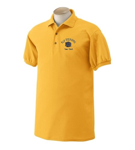 Personalized custom embroidered Fly Fishing & reel design on polo shirt