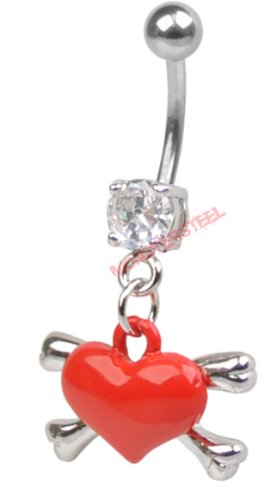 Enamel Heart & Crossbones - Cute Sexy Girly Belly Navel Button Ring Body Jewelry