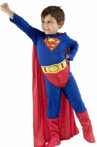 Superman costume. Piccoli 3-5 anni. Jumpsuit e mantello.